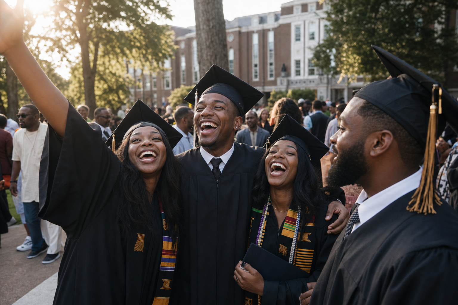 Jovens negros celebrando formatura no campus universitário